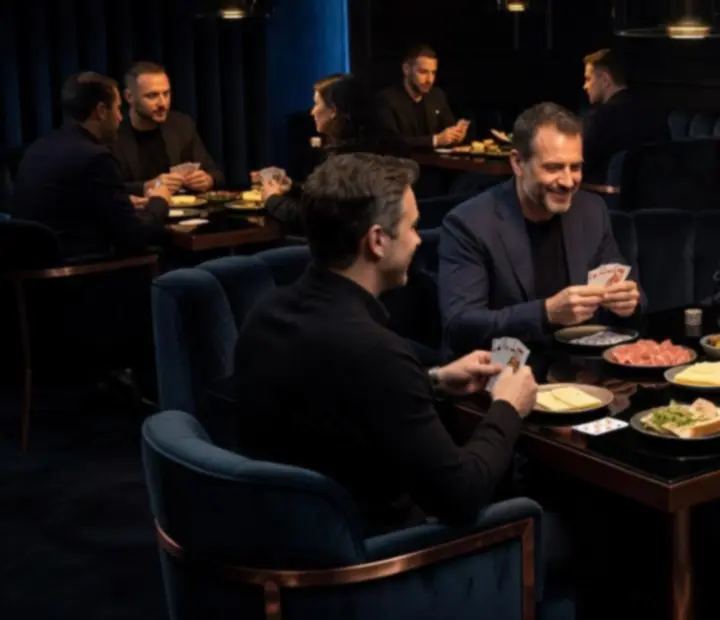 After dark poker lounge with copper lighting and deep ocean interiors