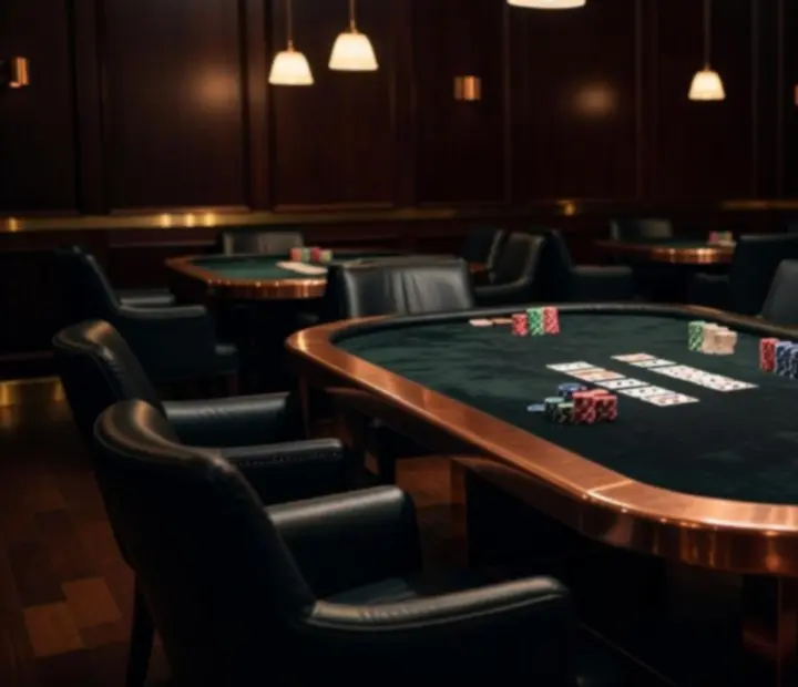 Tournament-ready poker tables in a softly lit card room with smoked glass and copper details