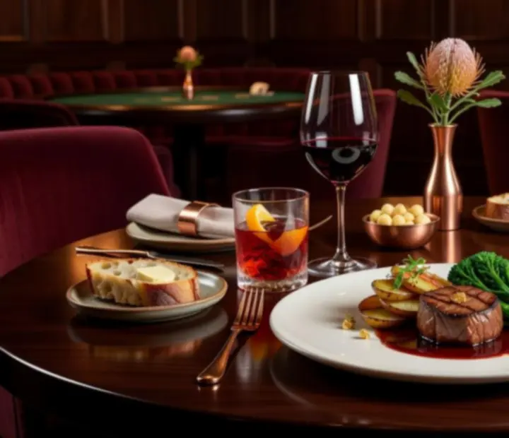 Chef-prepared food and drinks arranged for an after dark poker lounge session