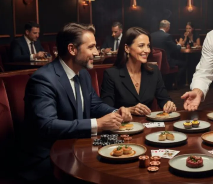 Chef's table with refined small plates arranged beside an elegant card layout