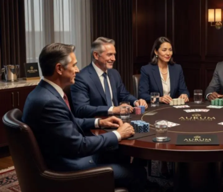 Corporate group gathered around poker tables in a refined lounge