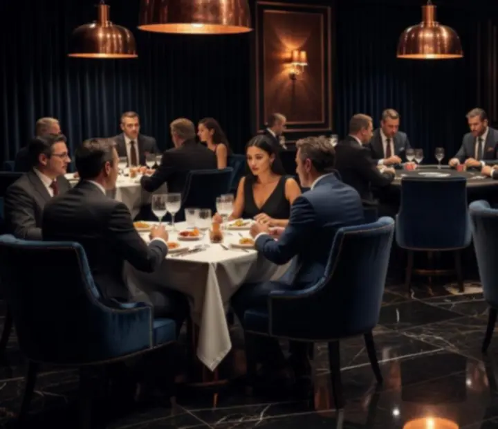 Private offline poker lounge and restaurant dining tables prepared for an event