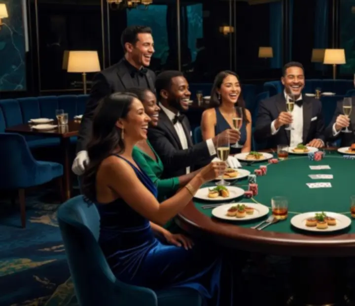 Group gathered around a card table in a lounge, celebrating an event