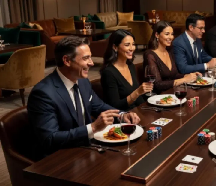 Group dining across restaurant tables connected to private poker tables in a lounge.