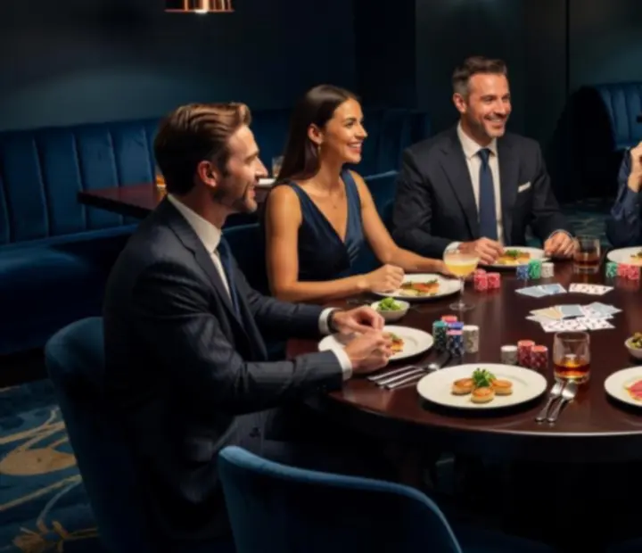 Group enjoying a private offline poker and dining evening in a copper-lit card lounge