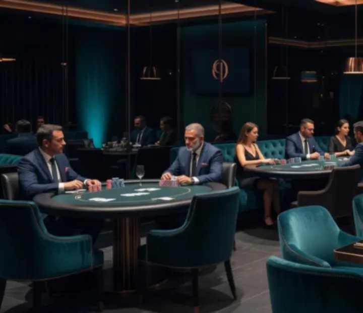 Upscale Australian restaurant interior with poker tables, cards, chips, and copper-toned lighting.