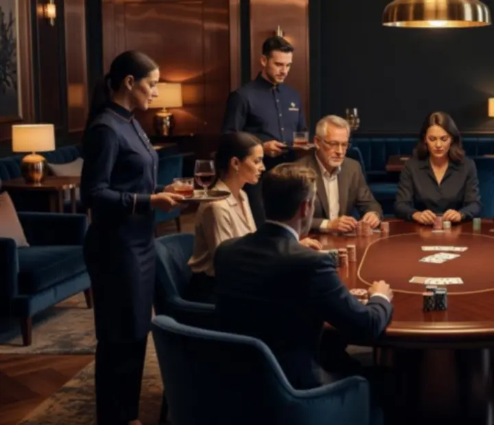 Hosted offline poker night with guests seated around a table, cards and chips beneath warm copper lighting