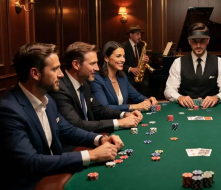 Hosted offline poker tournament with players seated around a refined card table