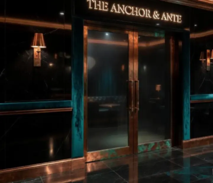 Upscale restaurant and poker lounge with obsidian interiors, copper lighting, and prepared poker tables