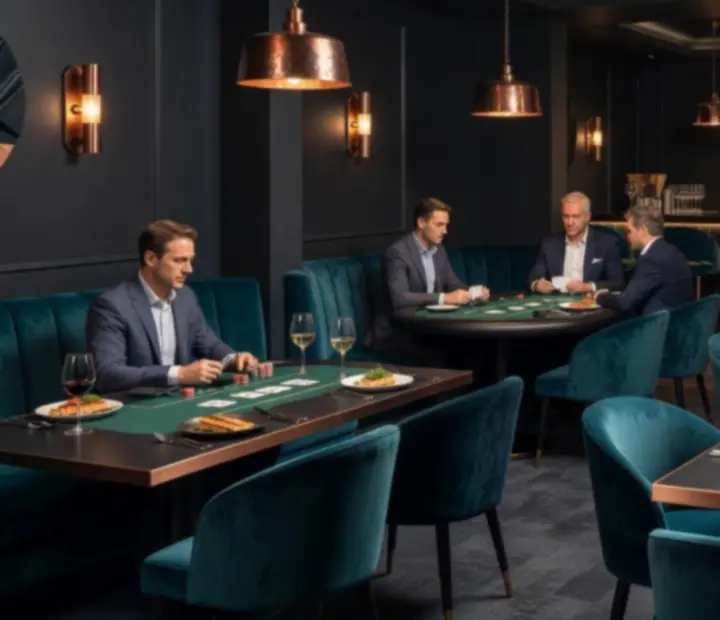 Dramatic lounge interior with deep ocean walls, elegant poker tables, and warm copper lighting.