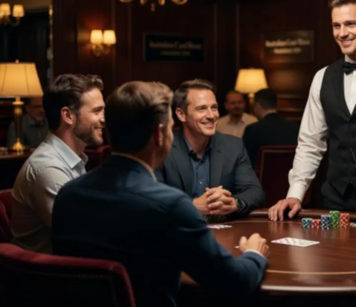 Lounge dealer and hospitality staff at a poker table