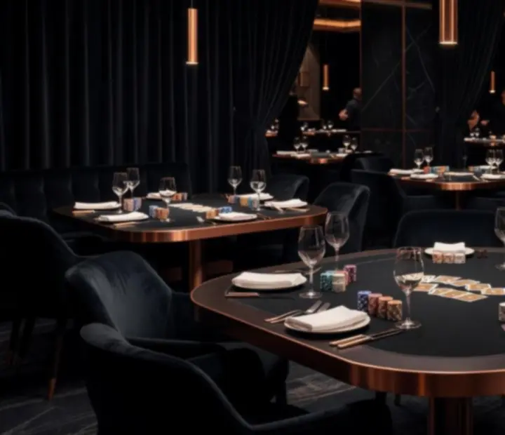 Obsidian-toned poker lounge table set for dining and classic card games