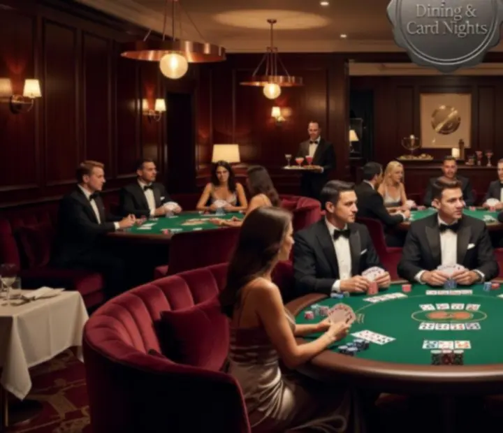 Elegant Australian poker lounge with restaurant tables, cards, and chips on midnight petrol felt