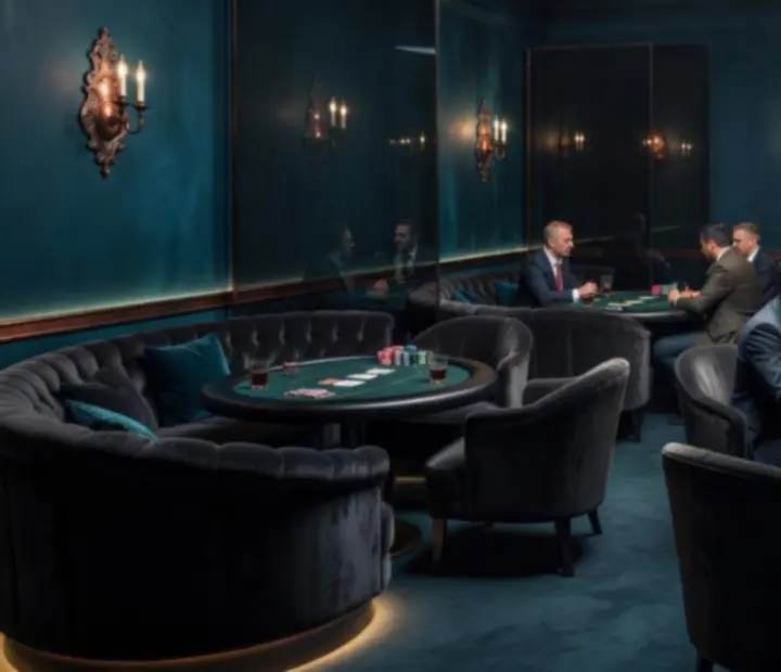 Interiors of an Australian poker lounge with smoked glass, aged copper, and deep ocean tones