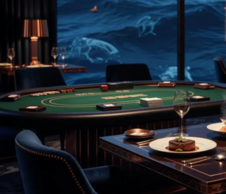 Restaurant table with gourmet dishes beside an elegant card lounge