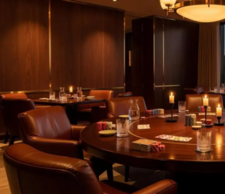 Private dining table beside a secluded poker room prepared for an event