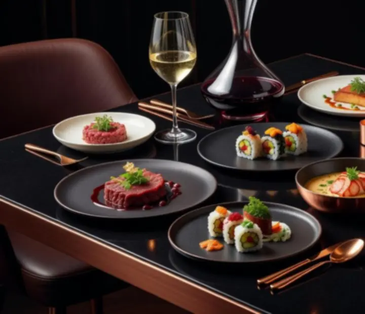 Selection of premium dishes and wine glasses prepared for a card lounge reservation