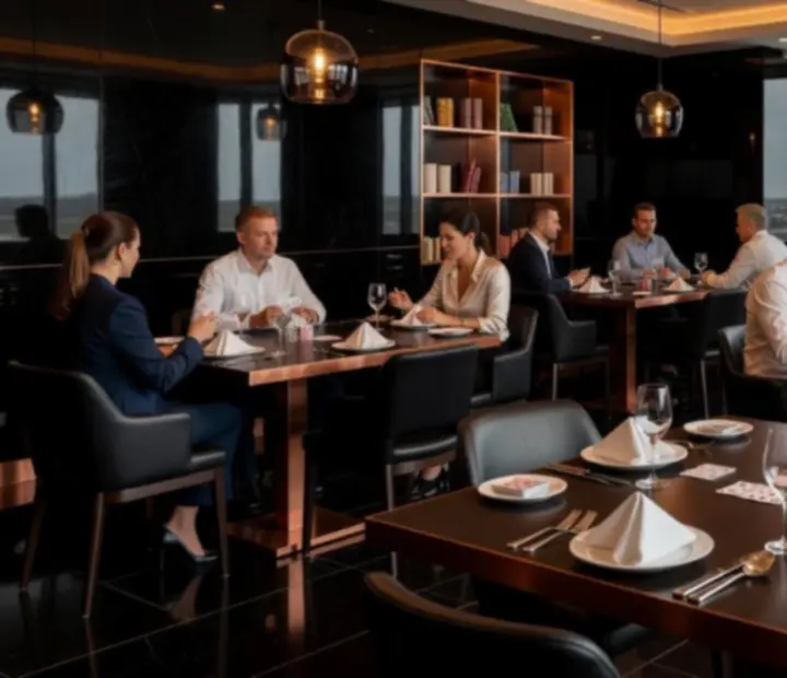 Upscale restaurant dining room with offline poker tables and warm copper lighting