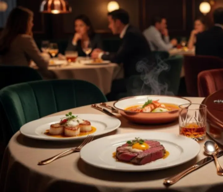 Chef-curated dishes beside a poker table set with cards and chips in an Australian restaurant