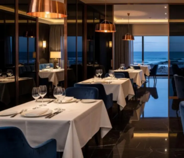 Upscale restaurant interior with poker tables, warm copper lighting, and deep ocean tones.