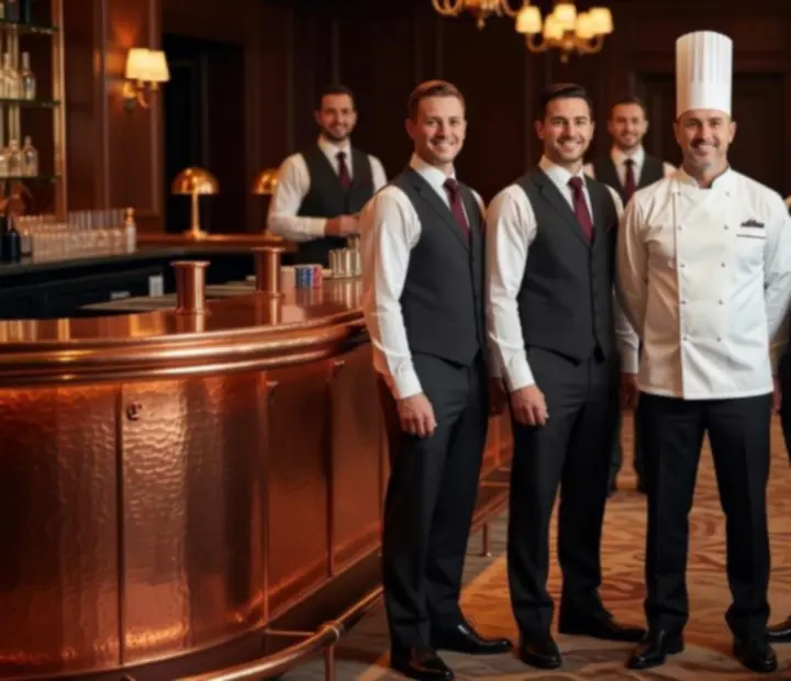 Culinary and lounge team in a dark, refined restaurant and card lounge setting.