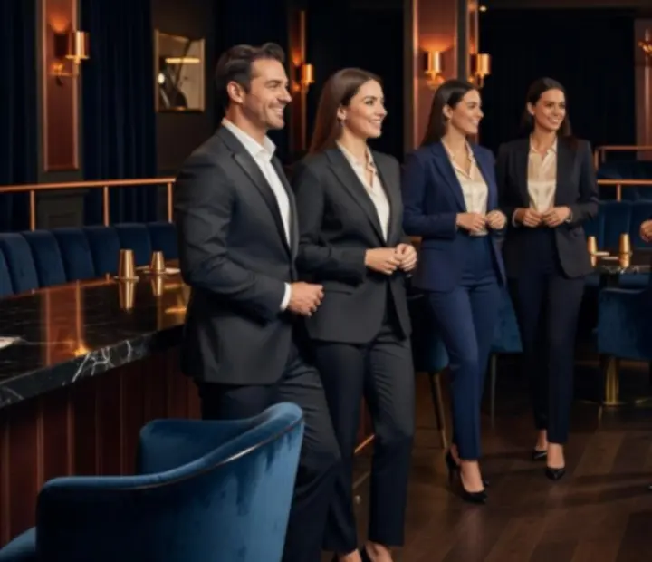 Hospitality team including managers, chefs, and poker hosts standing in a refined lounge setting.