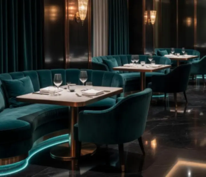 Collage of the restaurant dining room, poker tables, and lounge bar in a dark luxe palette
